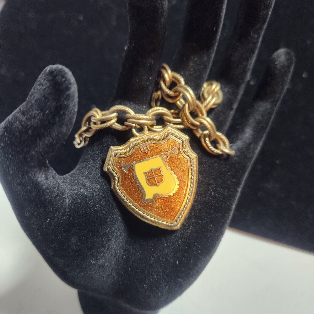Vintage Gold Tone Heraldic Shield Crown‎ Charm Bracelet Orange Enamel